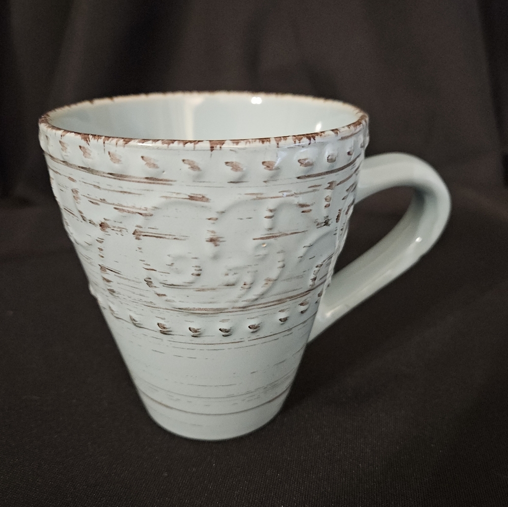 Elama Malibu Waves Turquoise Aqua Blue embossed tapered stoneware Coffee Tea mug